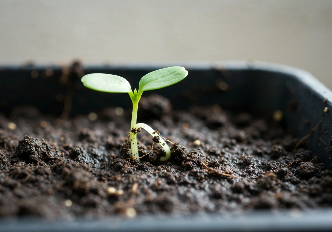 Young seedling emerging from dark soil, cotyledons visible, with seed coat remnants near the sprout.