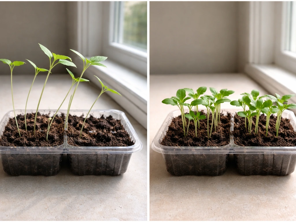 Two similar vegetable seedlings in separate containers: one leggy in dim light, one compact under brighter light.
