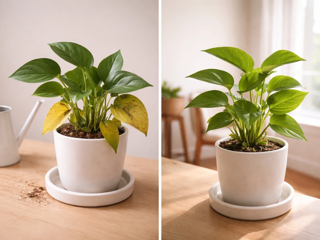 Houseplant with yellowing lower leaves beside a watering can and a pot on a drip tray in bright light.