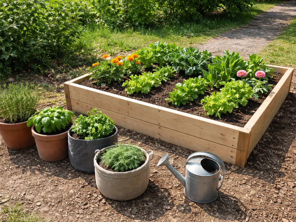 Beginner outdoor raised bed and containers with healthy herbs, greens, and flowers in natural sunlight