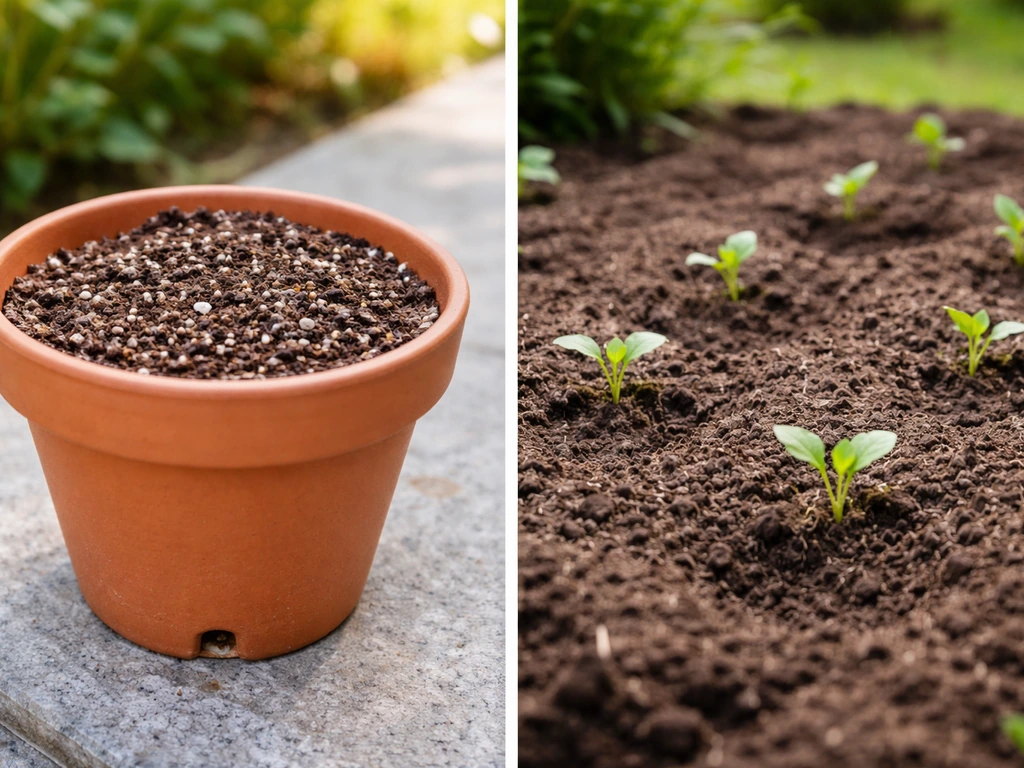 Side-by-side scene showing a terracotta container with drainage mix next to seedlings in an in-ground bed.