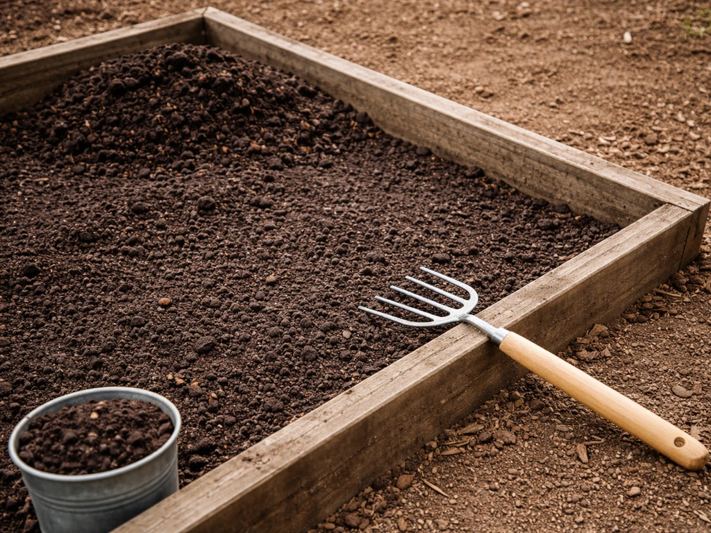 Close-up of compost mixed into soil and raked level in a planting bed with tools nearby.