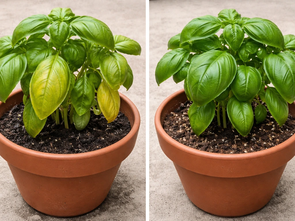 Split close-up showing overwatered yellow leaves in dark damp soil vs healthier green leaves with proper watering.