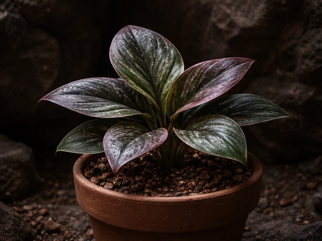 Close-up of a potted plant in a dim indoor cave-like room, leaves and soil clearly visible.