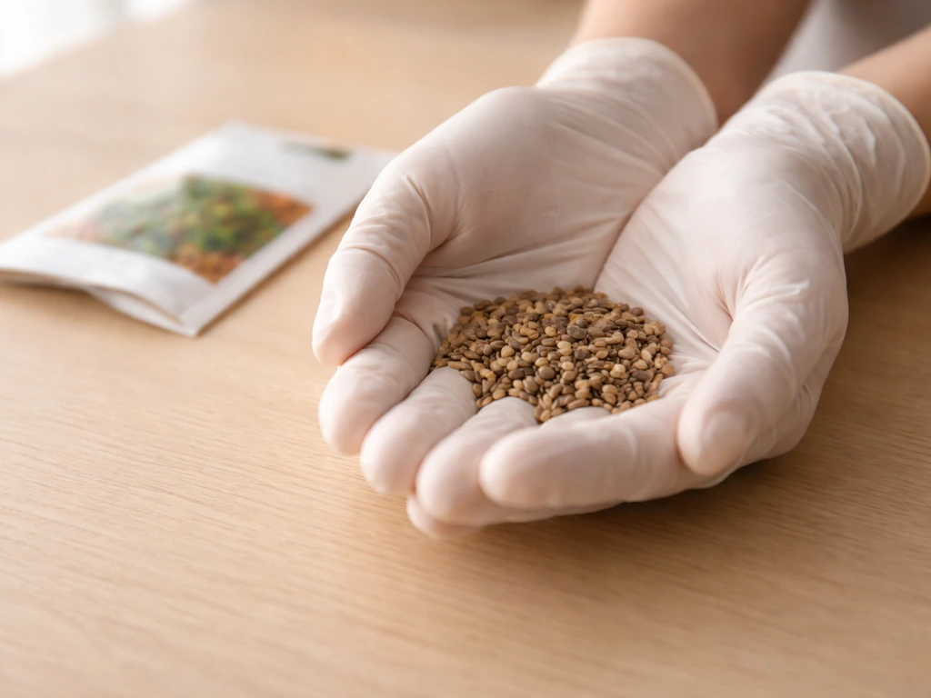 Close-up of labeled seed packet beside visible plant seeds on a clean table for species identification