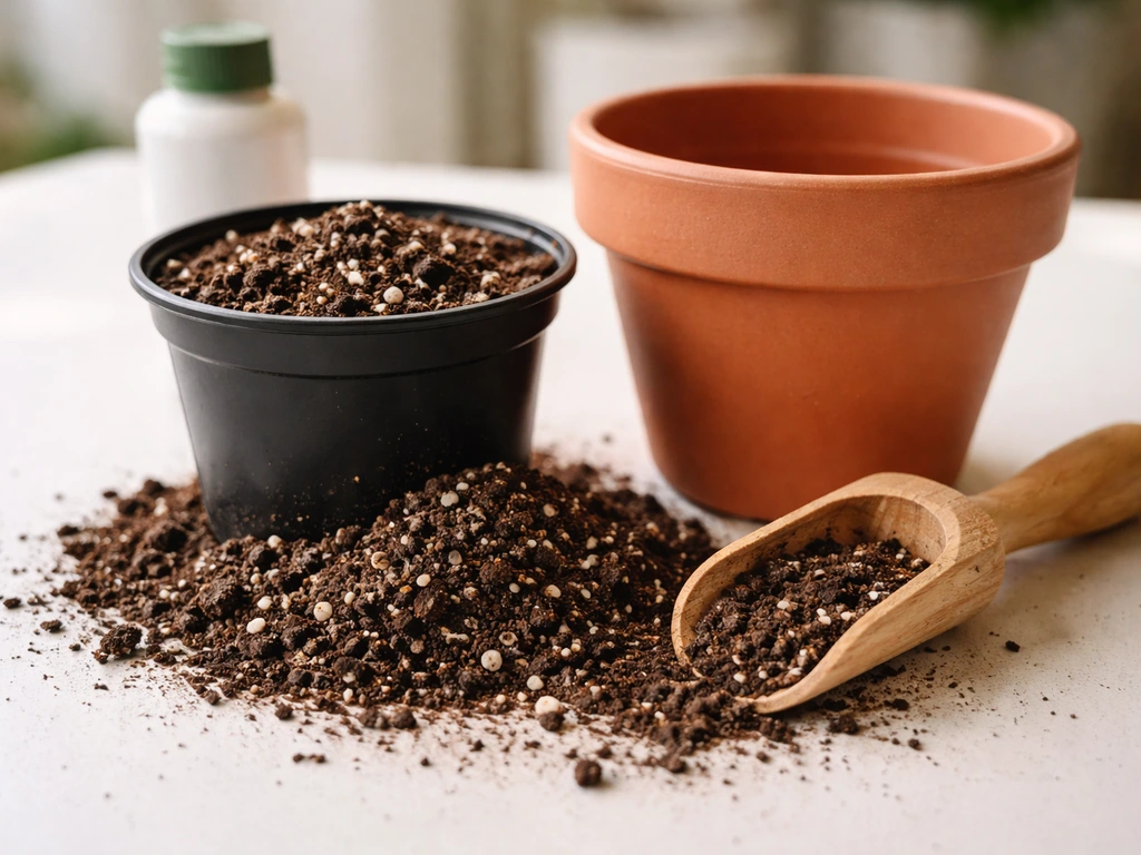 Close-up of potting mix in a large crop plot pot with fertilizer container beside it