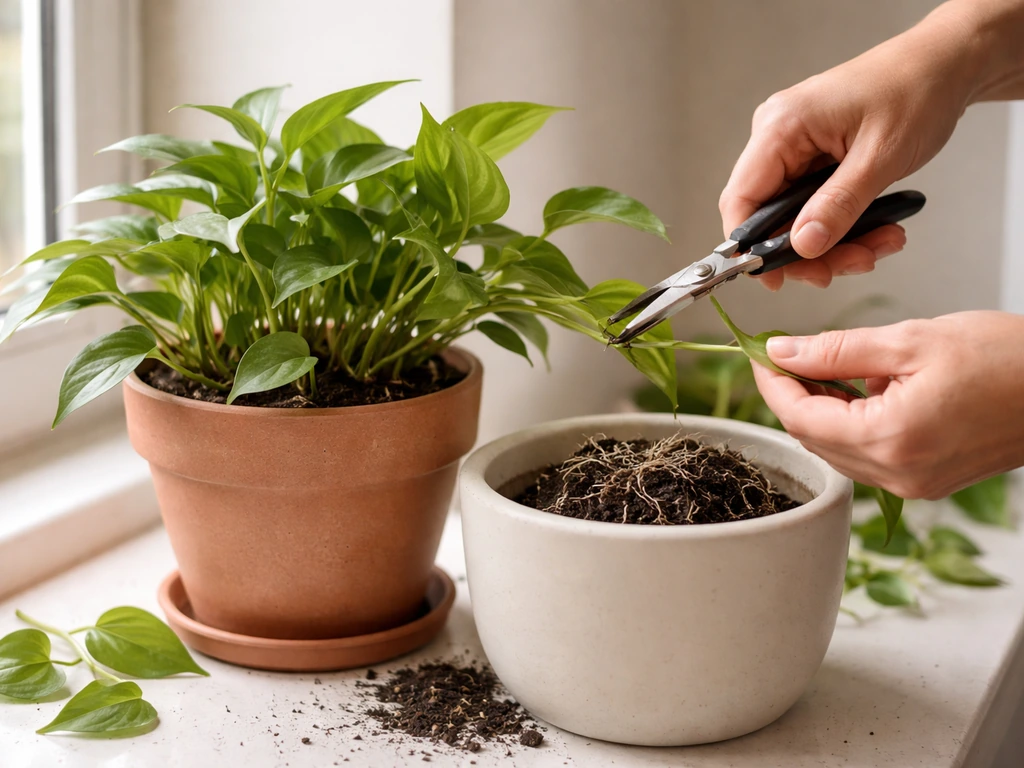 Hands using pruning shears on an established potted plant, with a new pot and exposed roots nearby.