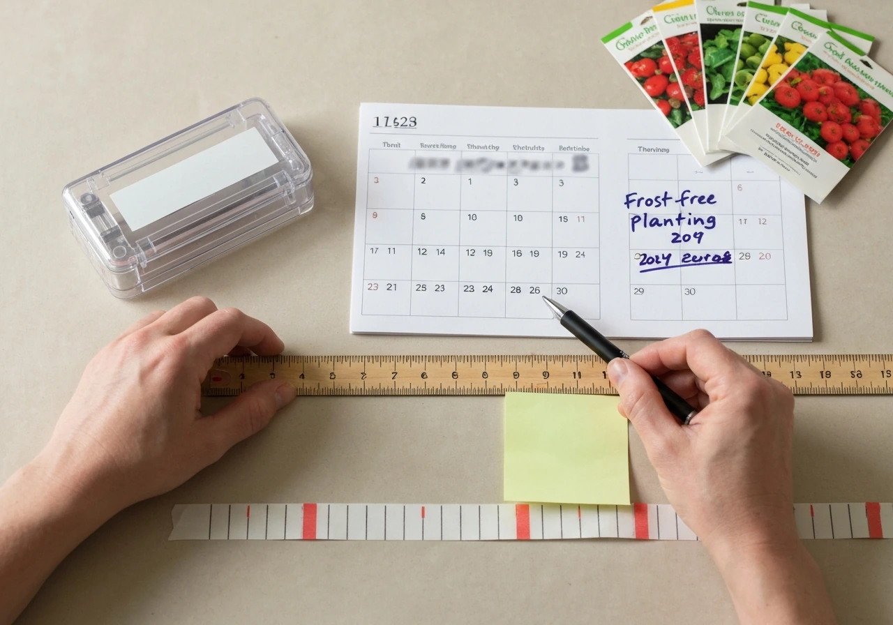 Hands making a planting timing plan with seeds, calendar, and marked tape timeline.