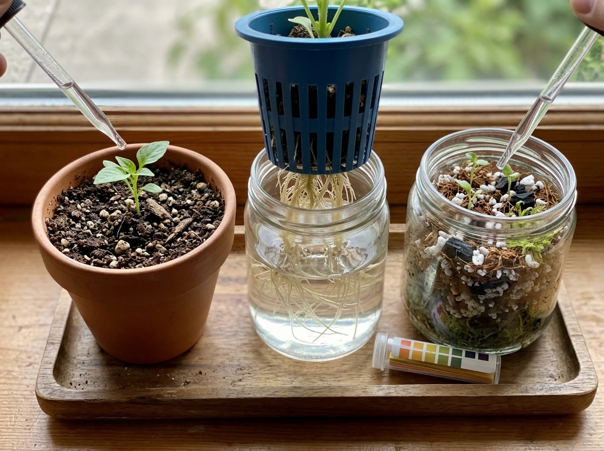 Side-by-side soil, hydroponic, and terrarium setups with roots, substrate, and pH test tools.