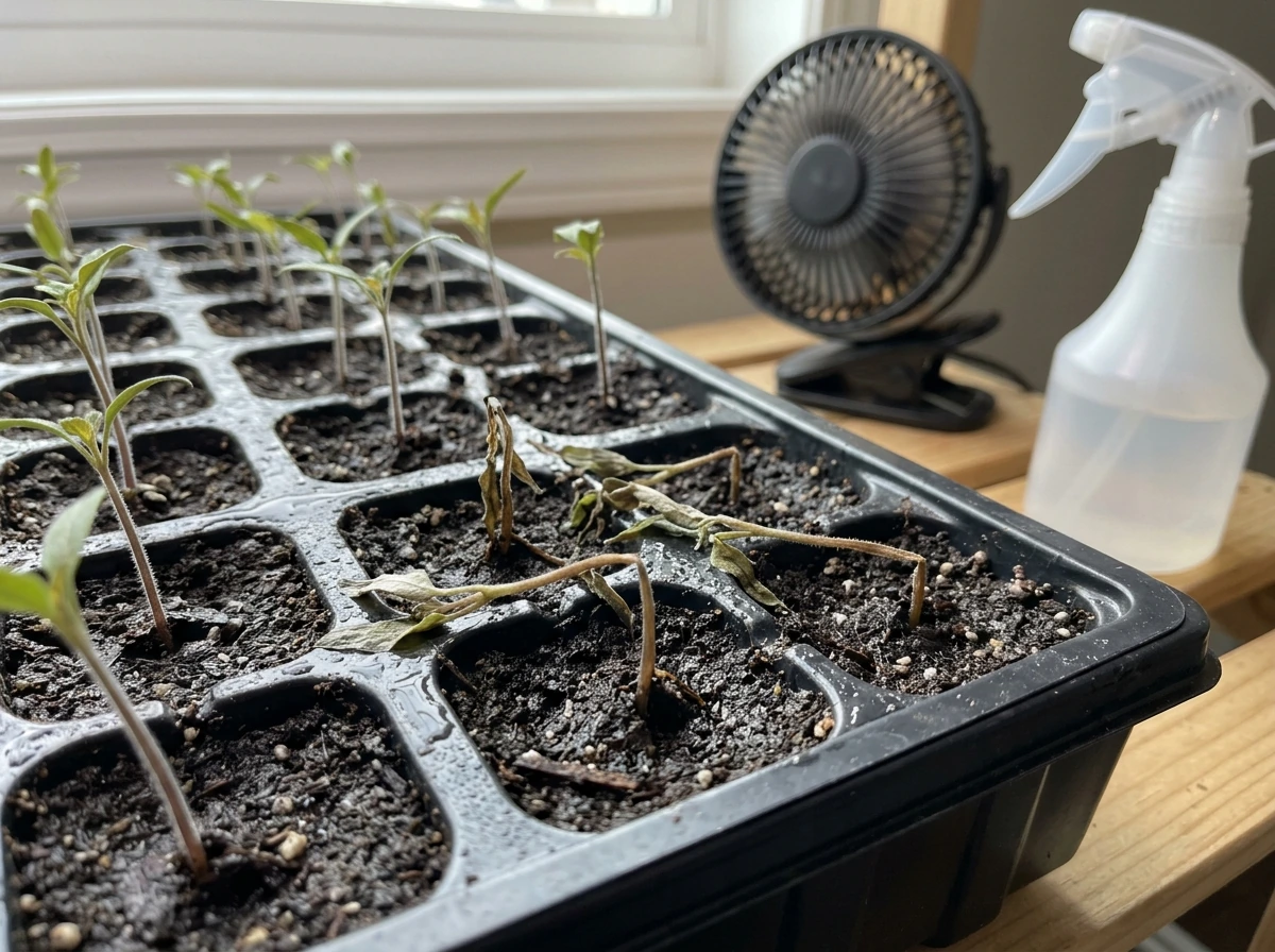 Seedling tray showing collapsed seedlings at the soil line from damping-off.