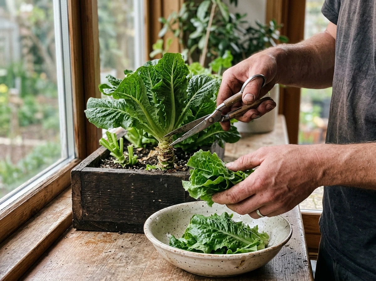 Hands cutting leafy greens at the base with a bowl of harvested leaves nearby.