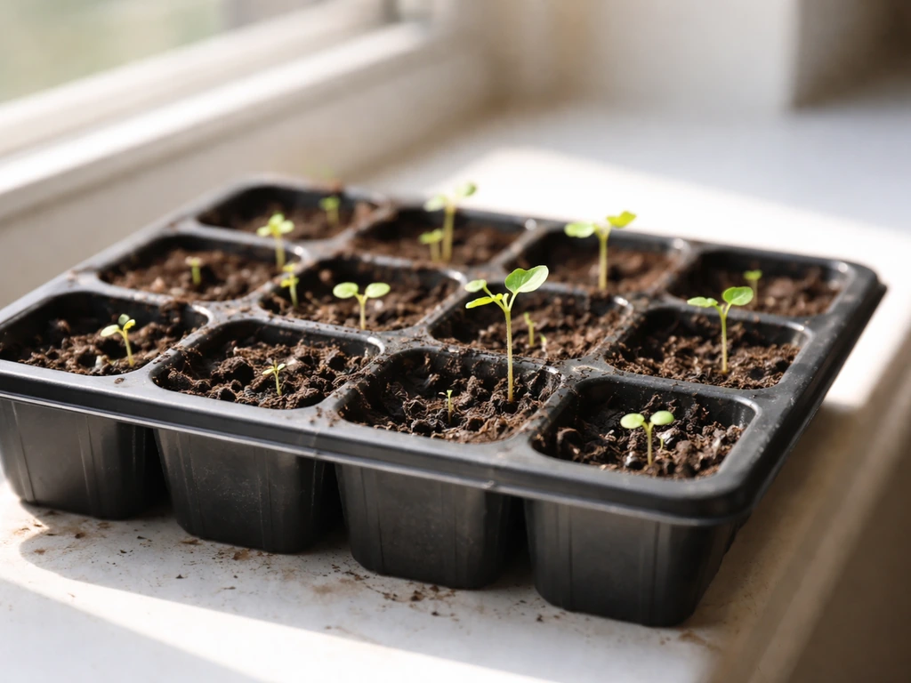 Tiny seedlings with visible cotyledons growing in a seed tray under bright window light.