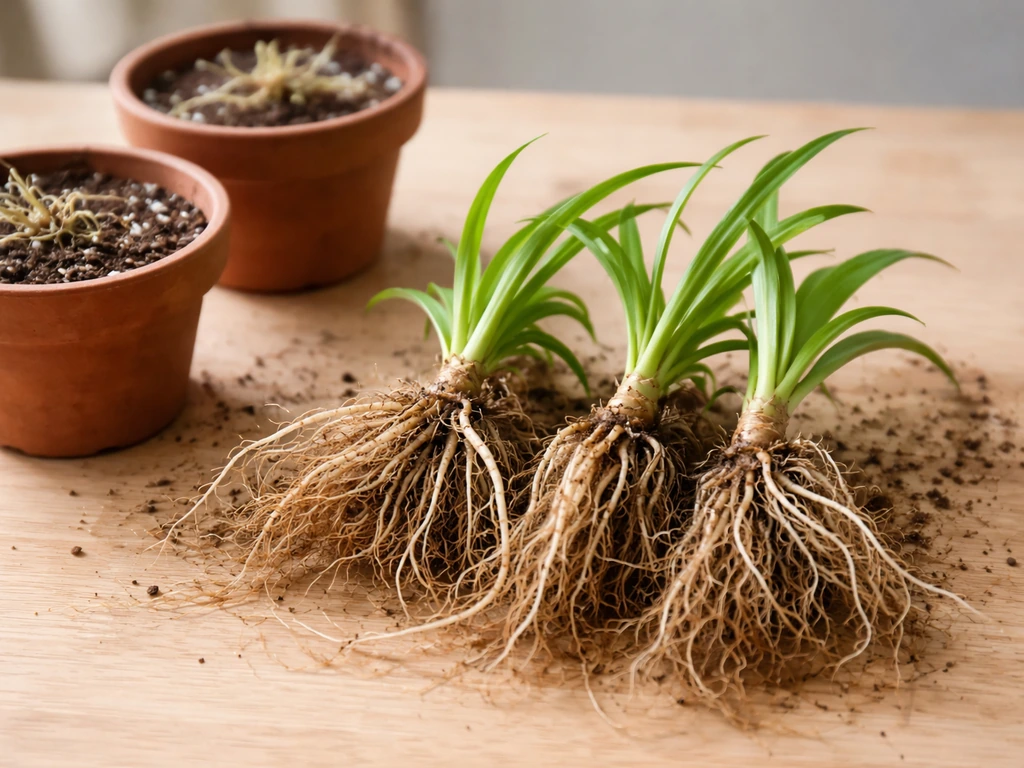 Close-up of a spider plant root ball separated into sections with visible roots and new shoots in pots.