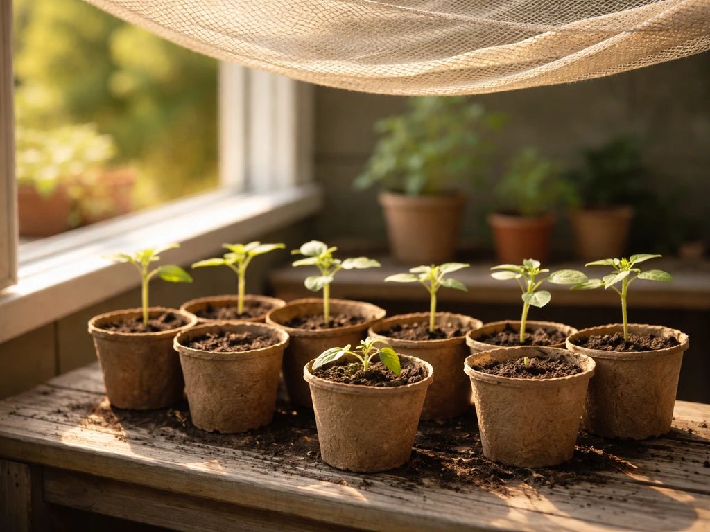 Young seedlings in biodegradable pots outdoors near a window, under shade cloth, showing before transplant shock.
