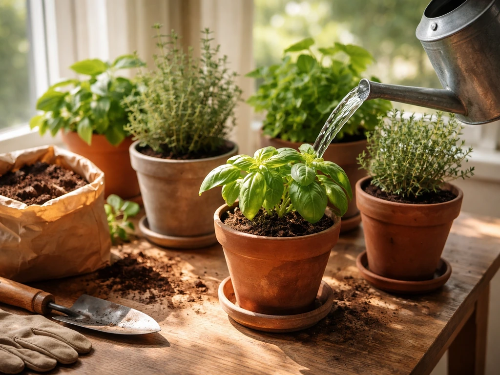 Sunlit indoor herb plants with compost and watering can on a wooden table by a window.