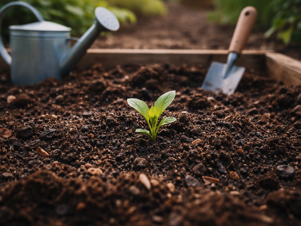 Close view of garden soil with compost and a small plant, illustrating natural growing practices.