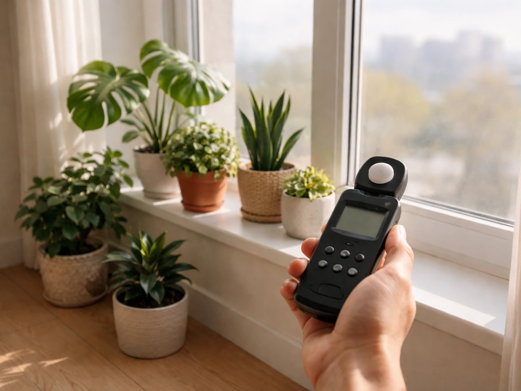 Person using a light meter near a window to match indoor plants to light conditions