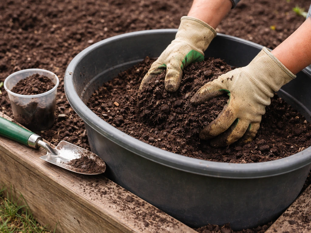 Close-up of hands measuring and mixing topsoil and compost in a raised bed preparing for planting.