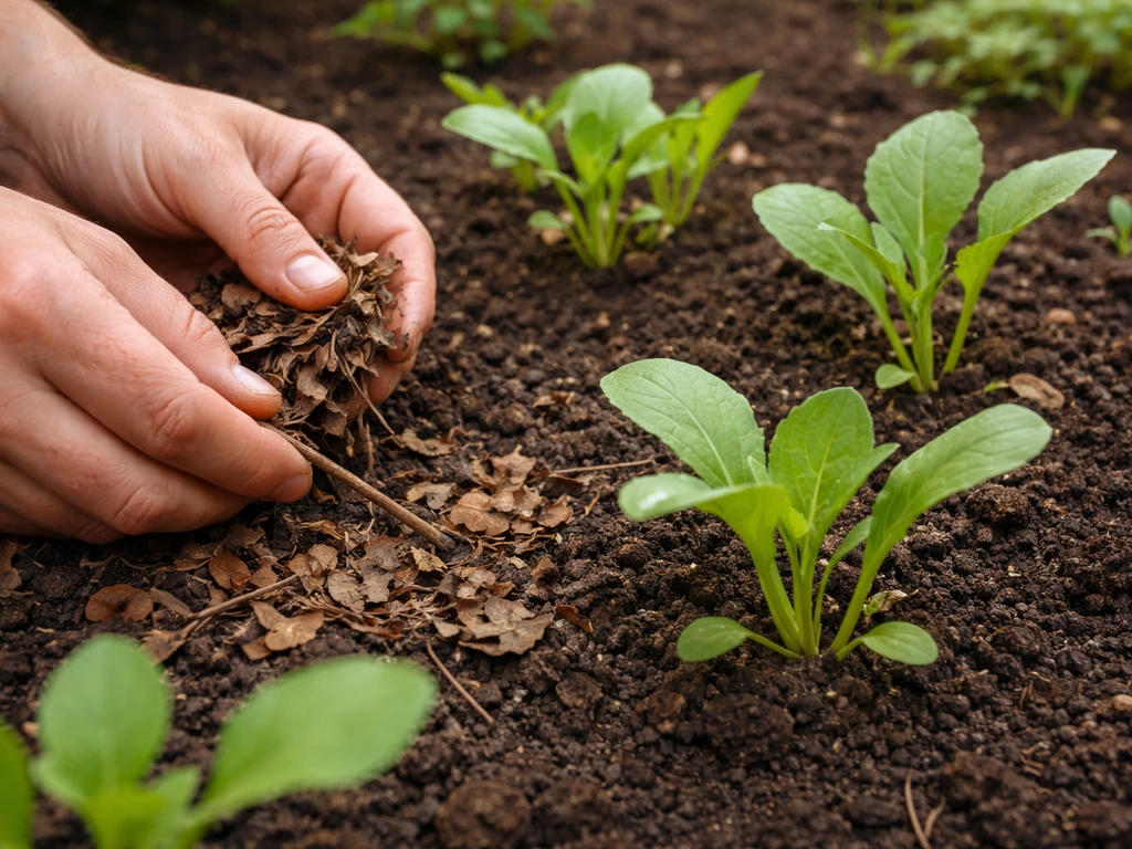 Hands clearing dead leaves from soil around healthy plants in a small garden bed