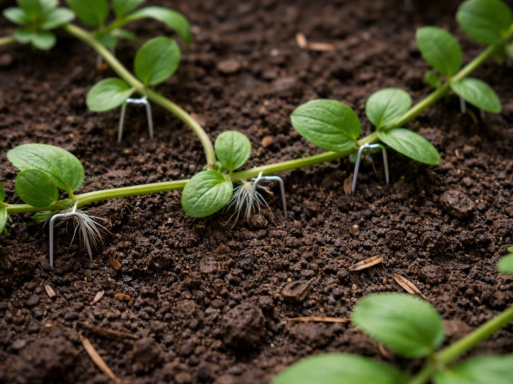 Top-down view of a crawling groundcover runner pinned into moist soil and rooting at the nodes.