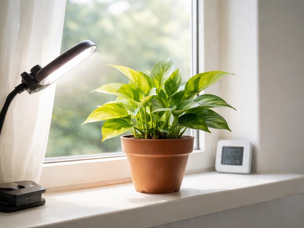 Potted plant on a bright windowsill with a side grow light and a small sensor nearby.