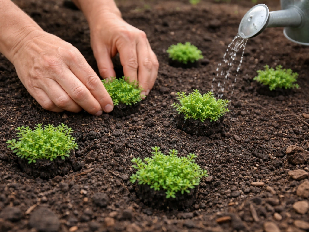 Hand planting ground cover plugs into prepared soil with a watering can nearby, simple garden bed setup