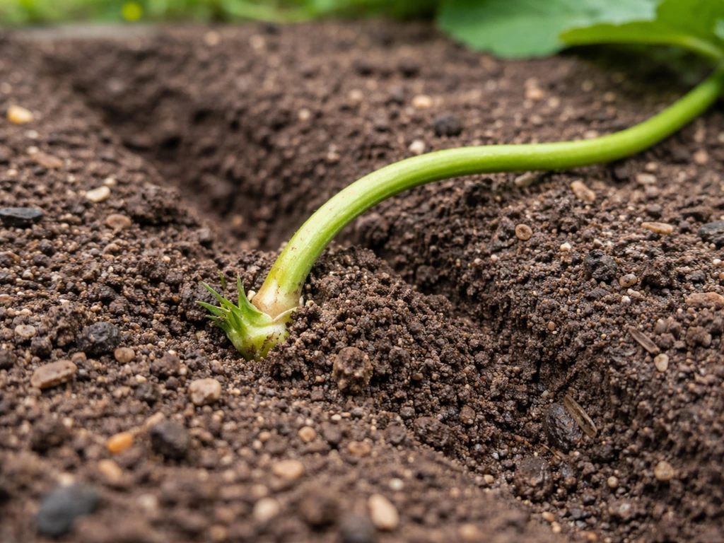 Close-up of a plant runner pinned into moist soil, covering a node to show layering and rooting.