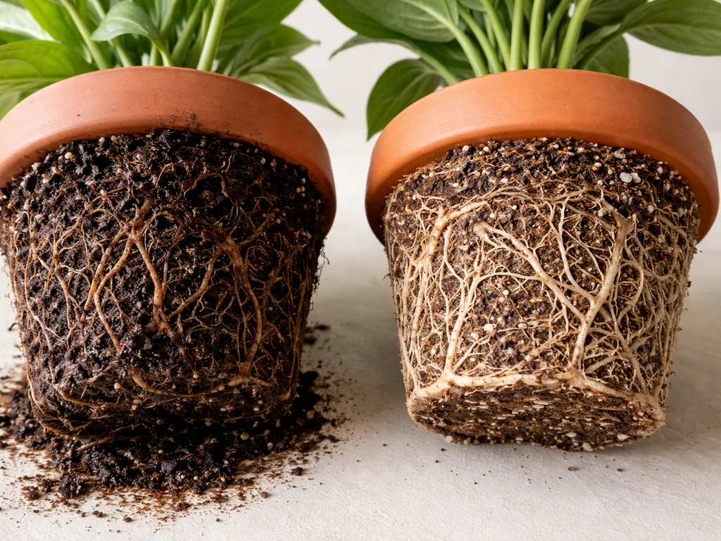 Two close-up plant root examples: healthy firm roots in a draining pot and soft brown roots from overwatering