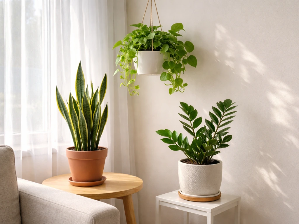Bright living-room corner with thriving beginner houseplants in simple pots near a sunny window.