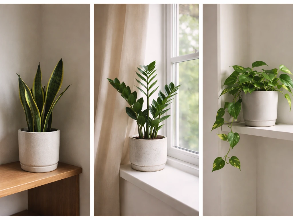 Three easy houseplants in pots near a window, showing low to bright indirect light conditions.