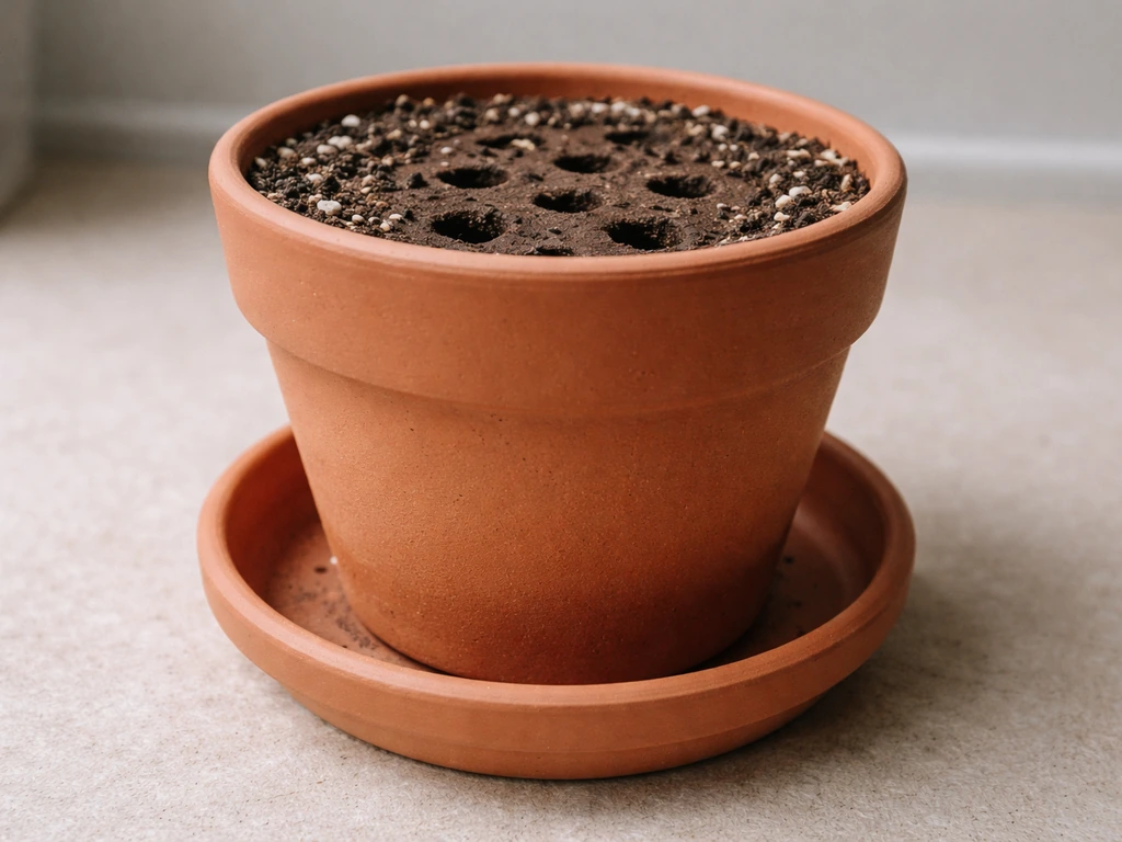 Terracotta pot with visible drainage holes and fresh soil mix, saucer underneath in natural light.
