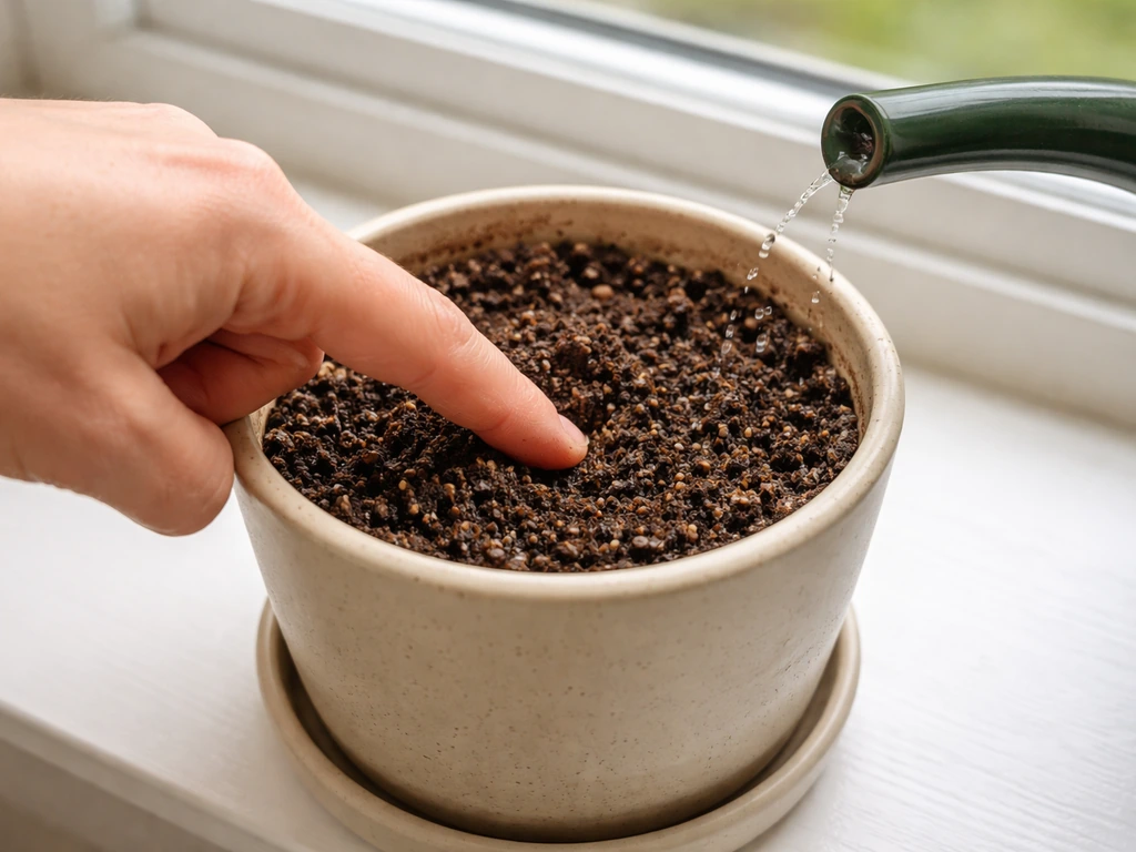 Hand checks soil moisture in a small potted plant, preparing to water until it drains.