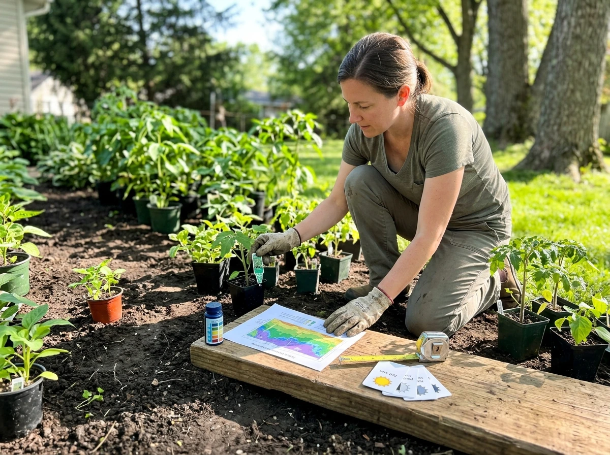Gardener comparing seedlings with yard sun/shade and soil tools before planting