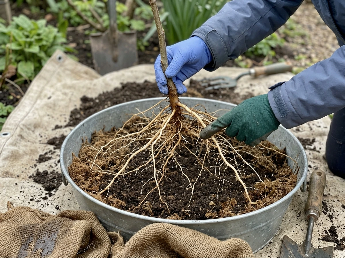 Bare-root tree roots fanned out and kept moist before planting