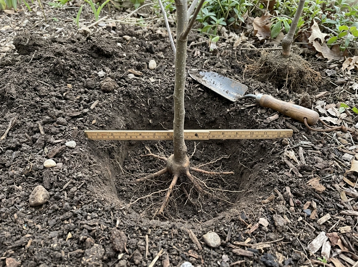 Correct planting depth shown with root flare at soil level