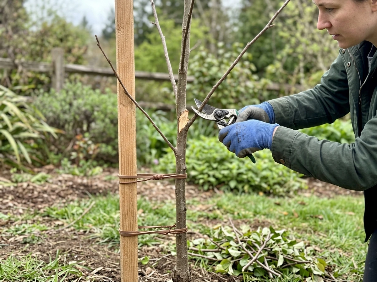 Gardener pruning a young tree and tying it to shape healthy structure