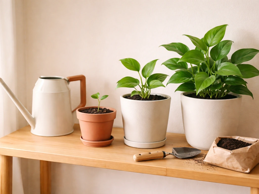Bright indoor shelf with small houseplants in pots and simple watering and soil care tools