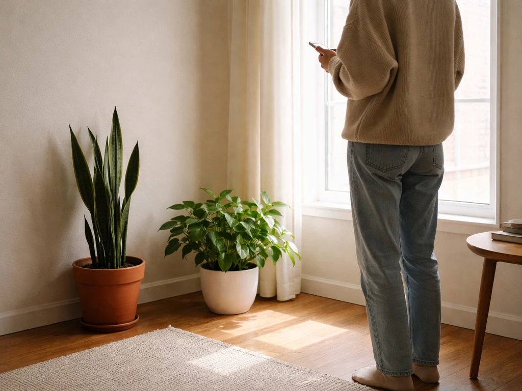 Person checking indoor light near windows with a snake plant and a bright-area plant in simple pots