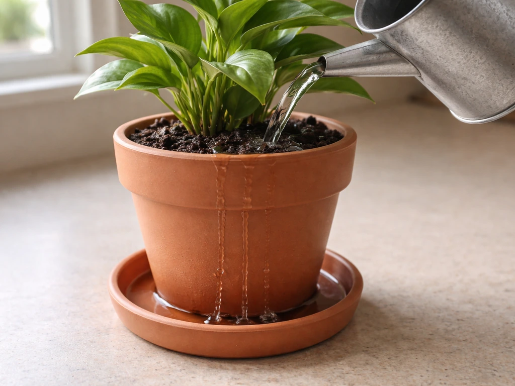 Watering an indoor plant from the top with water streaming from the pot’s drainage holes.