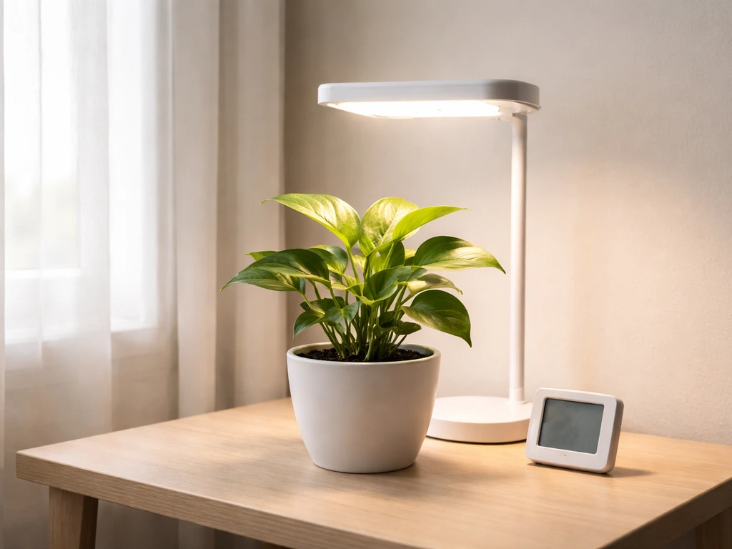Leafy potted plant by a sunny window with a grow light and a nearby temperature/humidity sensor.