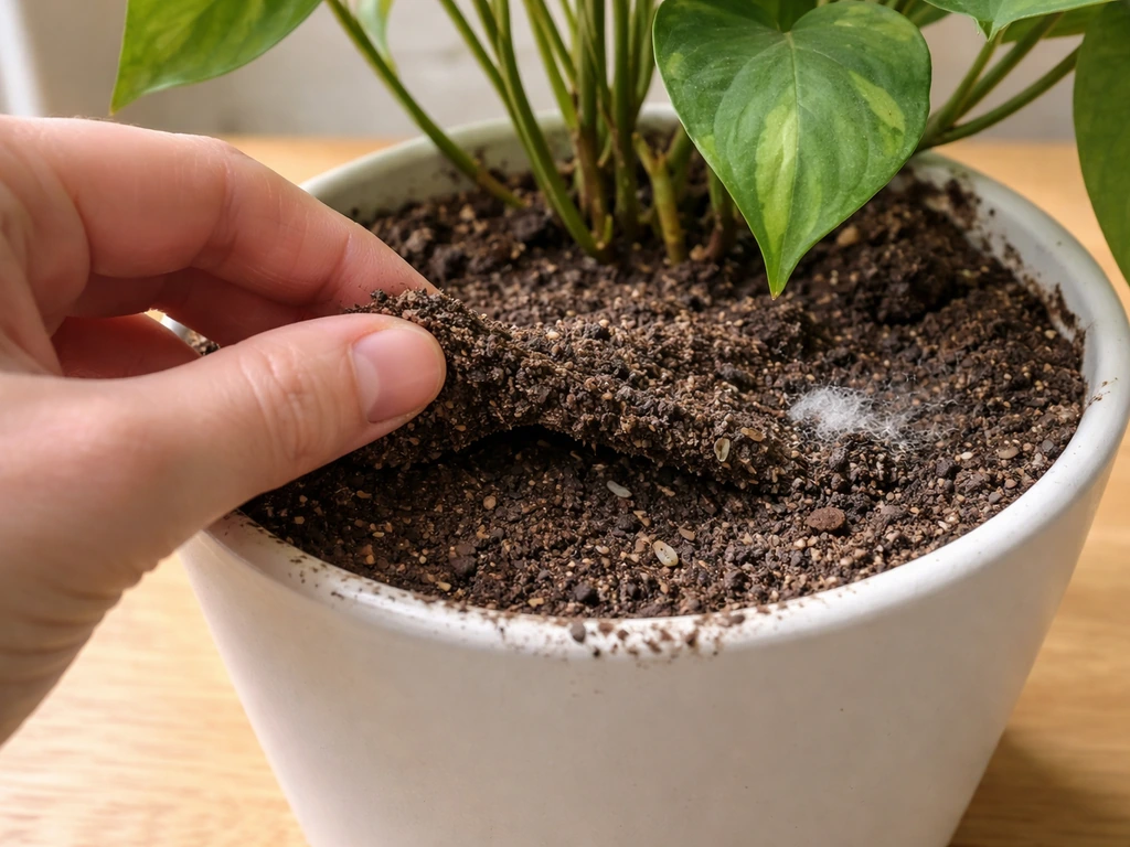 Close-up of a potted plant with damp topsoil and early mold as a hand lifts the soil layer.