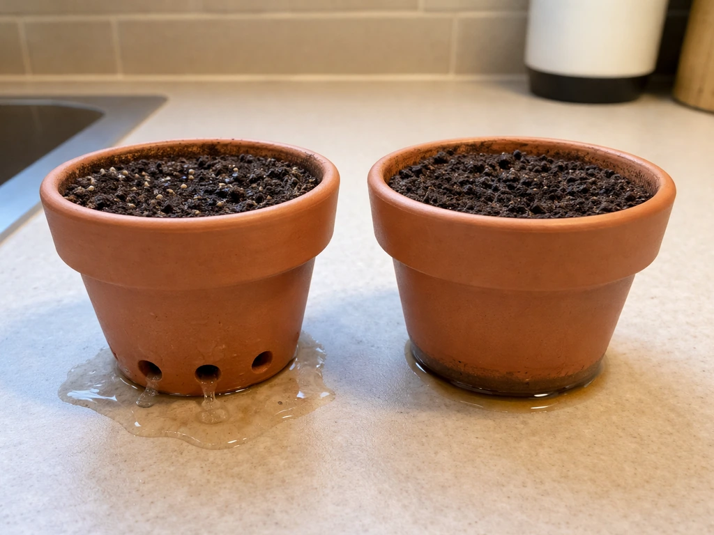 Side-by-side pots: one with drainage holes draining water, one without pooling water at the bottom.
