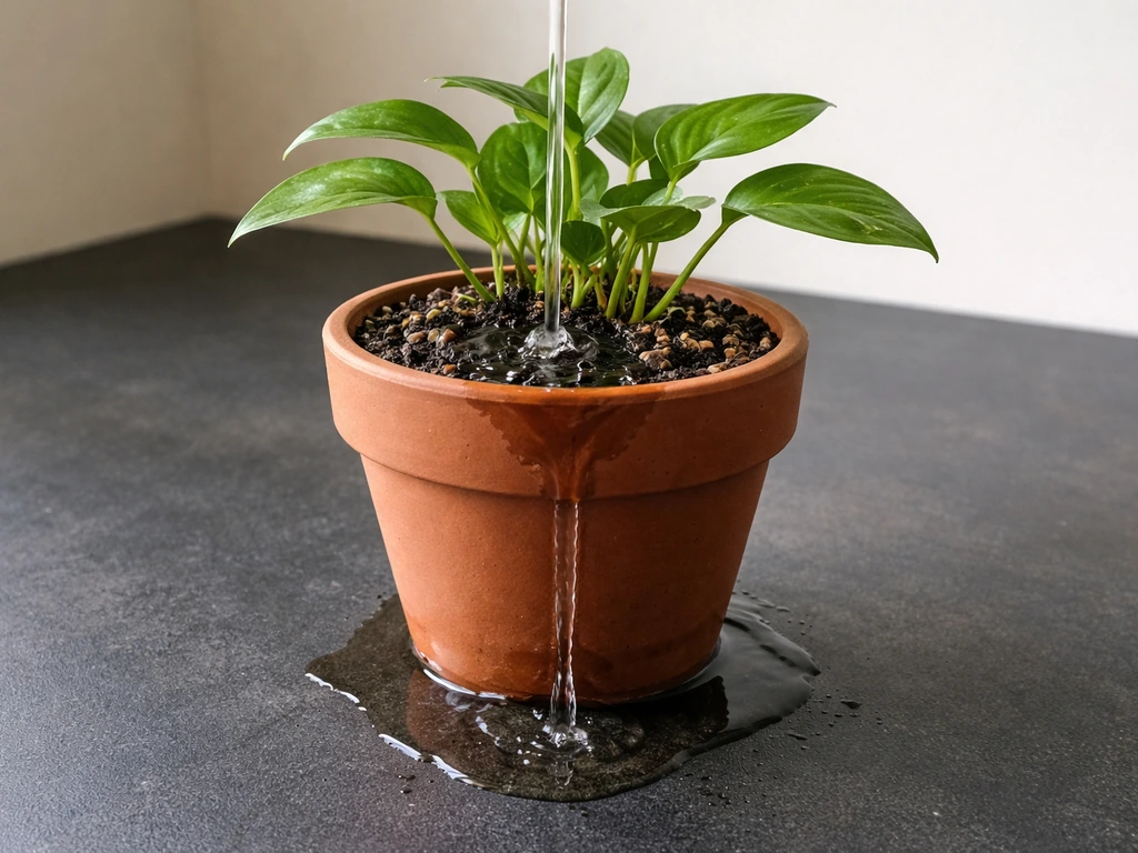 Houseplant being deep-watered in a pot, excess draining onto dark soil floor, saucer removed