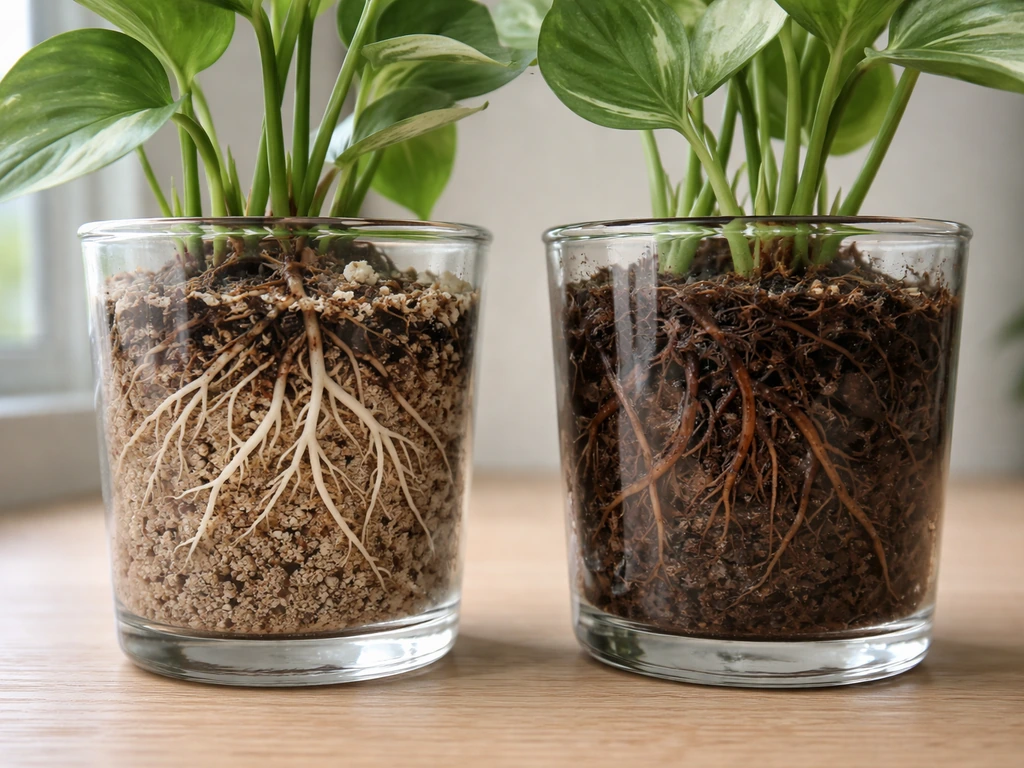 Side-by-side photo of healthy white roots versus brown mushy roots in separate containers.