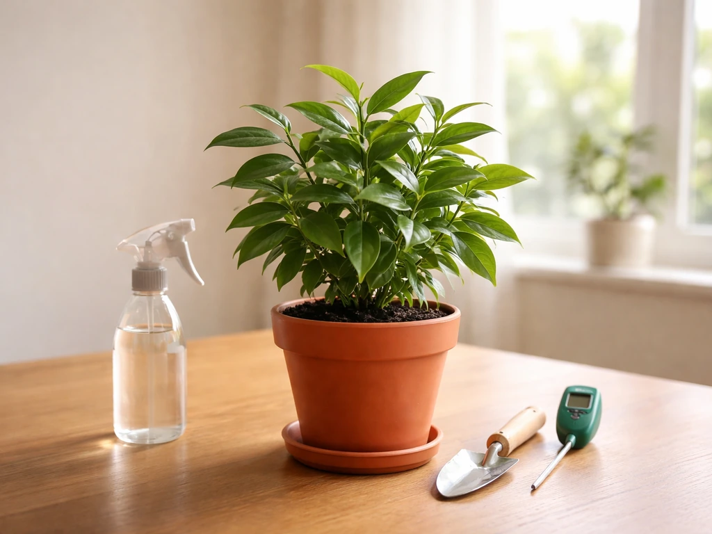 Green potted plant on a table with spray bottle, small trowel, and moisture probe nearby.