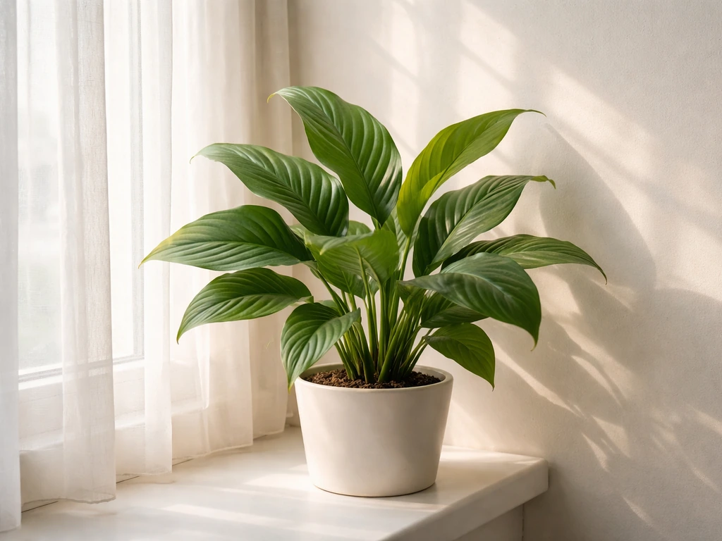 Potted tropical foliage plant near a window with sheer curtains, bright indirect light casting soft rays.
