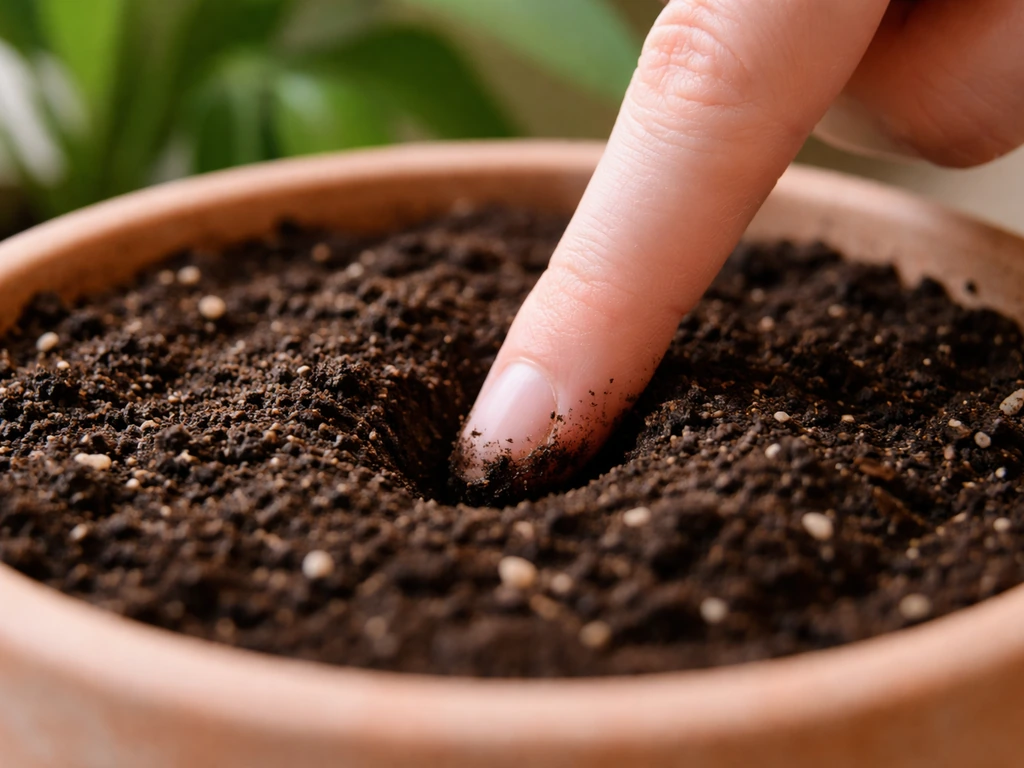 Close-up of a finger pressed into potted plant soil about an inch deep to check moisture.