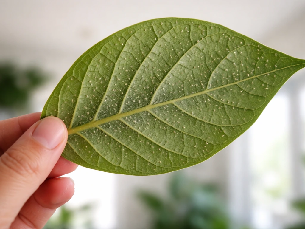 Close-up underside of a houseplant leaf showing faint webbing and tiny pests.