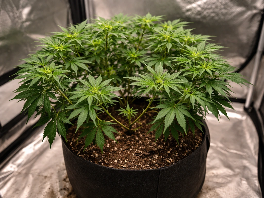 Overhead view of a lush vegetative mother plant under grow lights in a clean indoor setup.