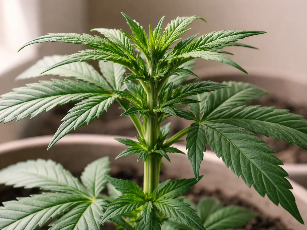 Close-up of a healthy mother plant with multiple vigorous shoots and compact internodes in soft natural light.